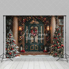 Aperturee - Aperturee Festive Christmas Vibe Green Brown Door Backdrop