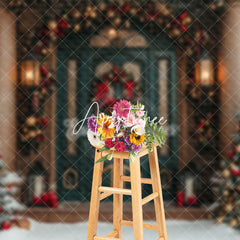 Aperturee - Aperturee Festive Christmas Vibe Green Brown Door Backdrop