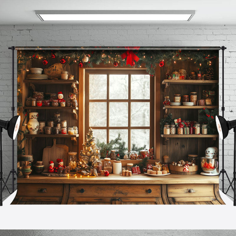 Aperturee - Aperturee Festive Christmas Vibe Wooden Retro Kitchen Backdrop