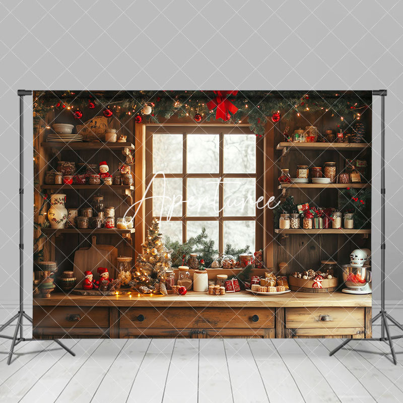 Aperturee - Aperturee Festive Christmas Vibe Wooden Retro Kitchen Backdrop