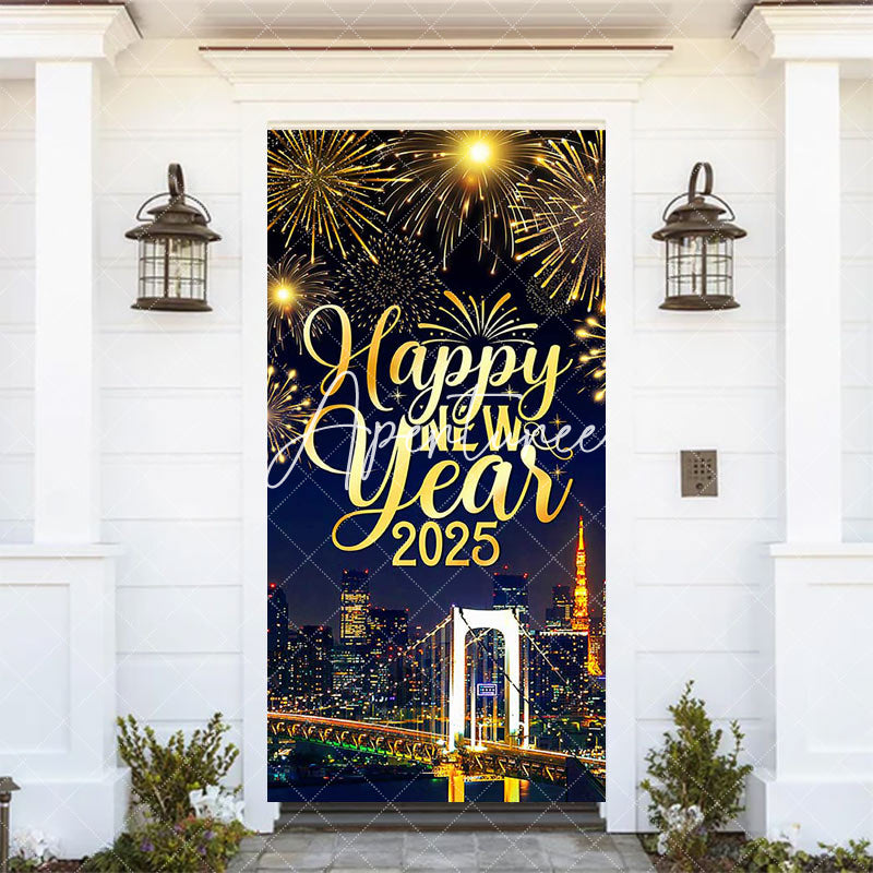 Aperturee - Aperturee Festive City Night Happy New Year 2025 Door Cover