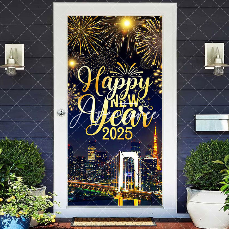 Aperturee - Aperturee Festive City Night Happy New Year 2025 Door Cover