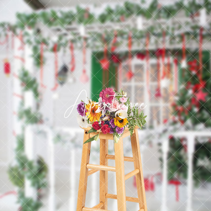 Aperturee - Aperturee Festive Fence White House Window Christmas Backdrop