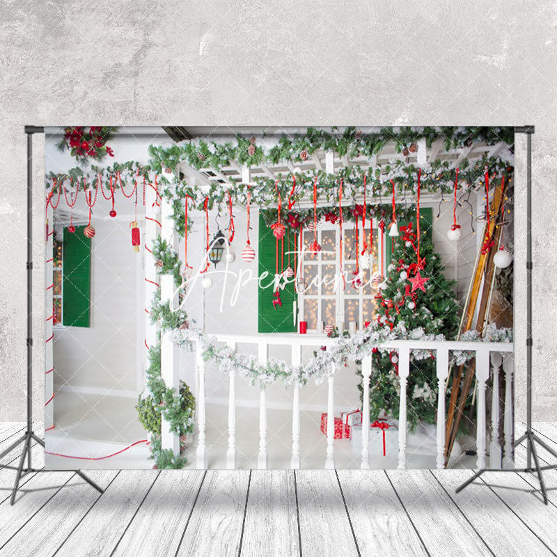 Aperturee - Aperturee Festive Fence White House Window Christmas Backdrop