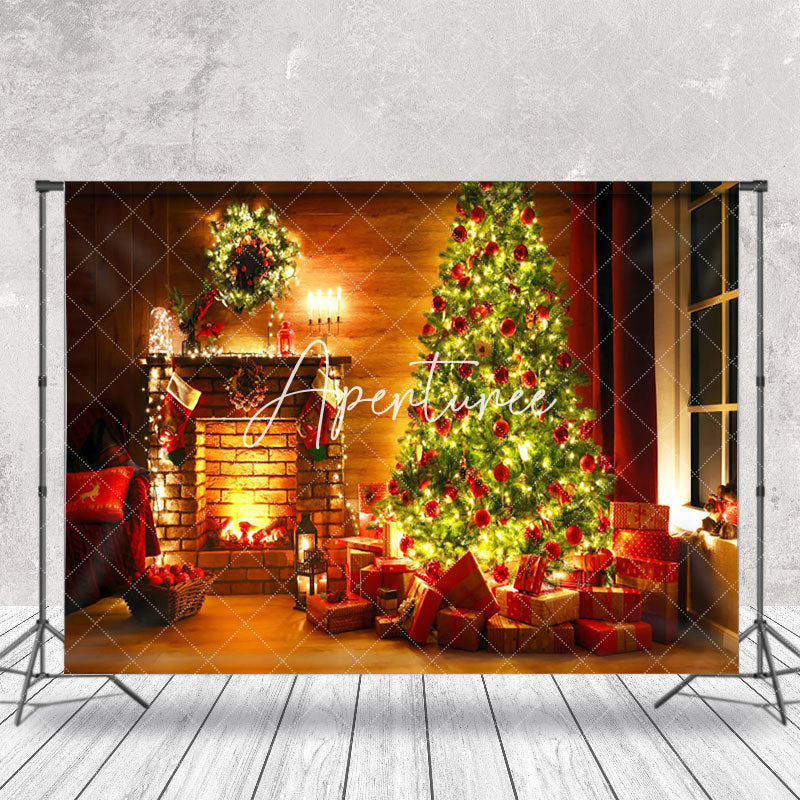 Aperturee - Aperturee Festive Fireplace Tree Gifts Cozy Christmas Backdrop