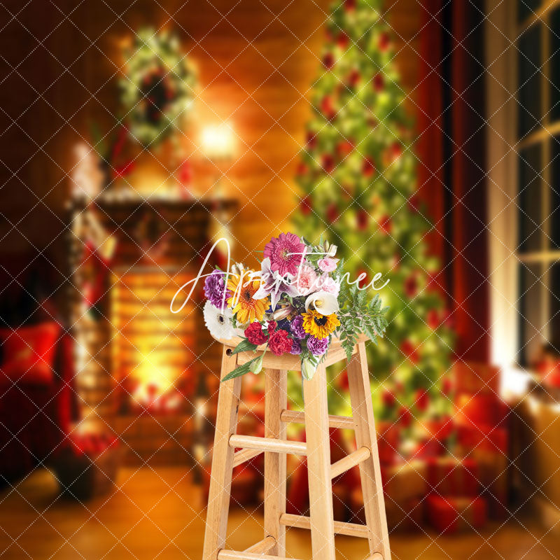 Aperturee - Aperturee Festive Fireplace Tree Gifts Cozy Christmas Backdrop