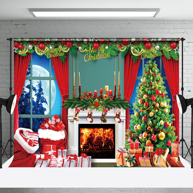 Aperturee - Aperturee Festive Fireplace Tree Window Christmas Backdrop