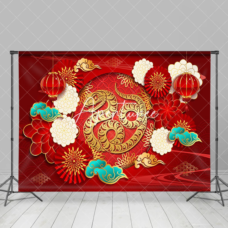 Aperturee - Aperturee Festive Floral Print Gold Snake New Year Backdrop