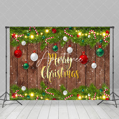 Aperturee - Aperturee Festive Green Leaves Snow Wood Christmas Backdrop