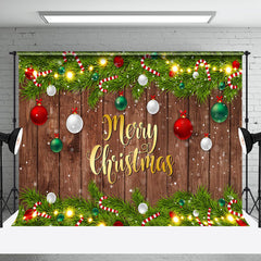 Aperturee - Aperturee Festive Green Leaves Snow Wood Christmas Backdrop