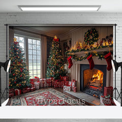 Aperturee - Aperturee Festive Indoor Room Fireplace Tree Christmas Backdrop