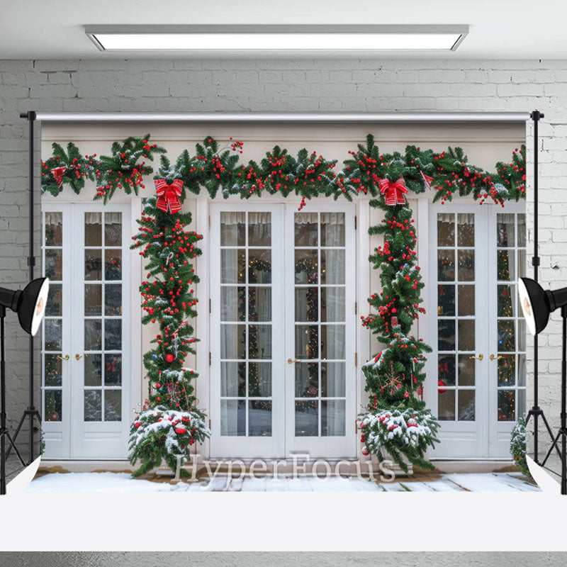 Aperturee - Aperturee Festive Pine Leaves White Window Christmas Backdrop