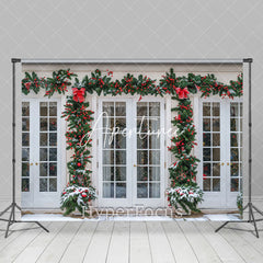 Aperturee - Aperturee Festive Pine Leaves White Window Christmas Backdrop