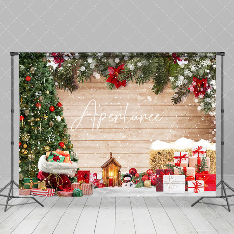 Aperturee - Aperturee Festive Pine Tree Leaves Snow Wood Christmas Backdrop