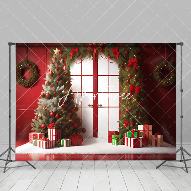 Aperturee - Aperturee Festive Pine Trees Wreath Red Door Xmas Backdrop