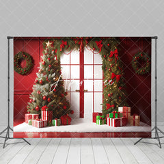 Aperturee - Aperturee Festive Pine Trees Wreath Red Door Xmas Backdrop