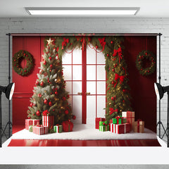 Aperturee - Aperturee Festive Pine Trees Wreath Red Door Xmas Backdrop