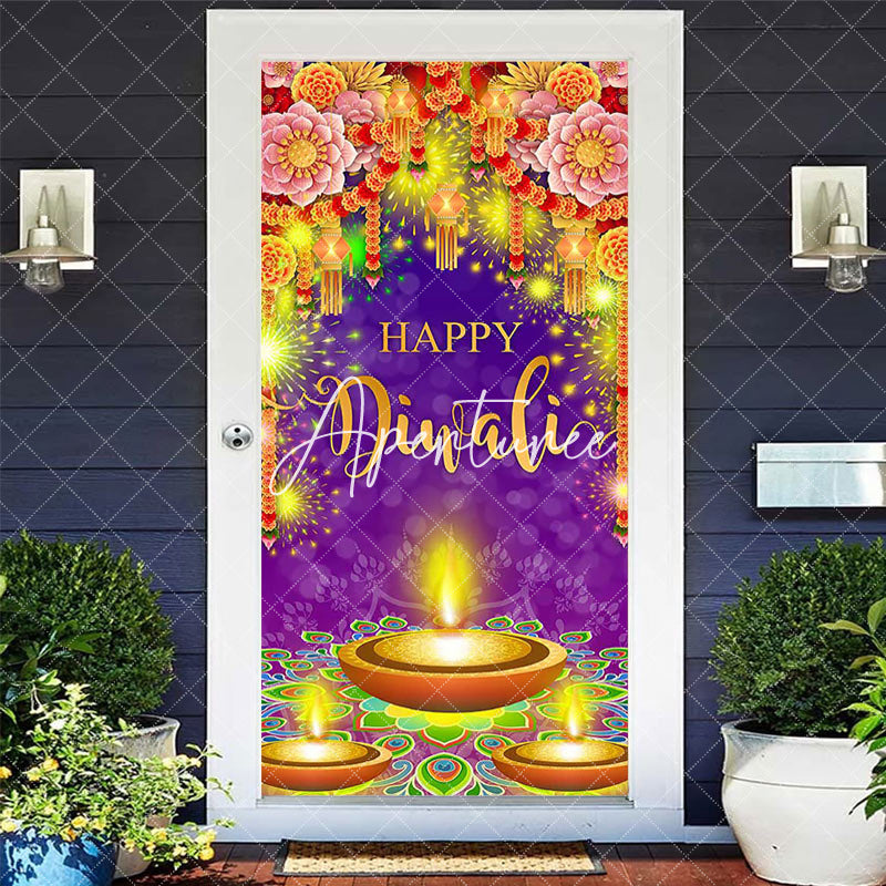 Aperturee - Aperturee Festive Purple Floral Lamp Happy Diwali Door Cover