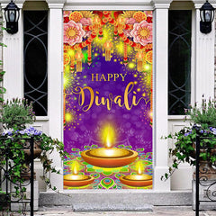 Aperturee - Aperturee Festive Purple Floral Lamp Happy Diwali Door Cover