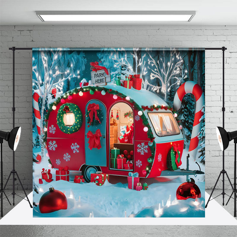 Aperturee - Aperturee Festive Red Camper Van Forest Merry Xmas Backdrop