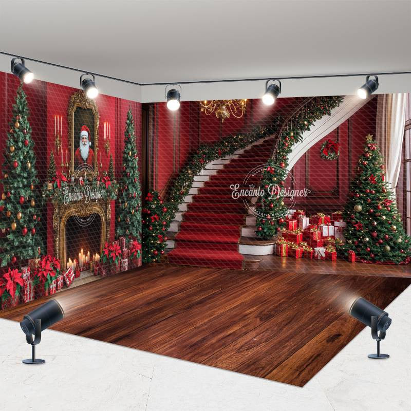 Aperturee - Aperturee Festive Red Christmas Vibe Stairs Room Set Backdrop