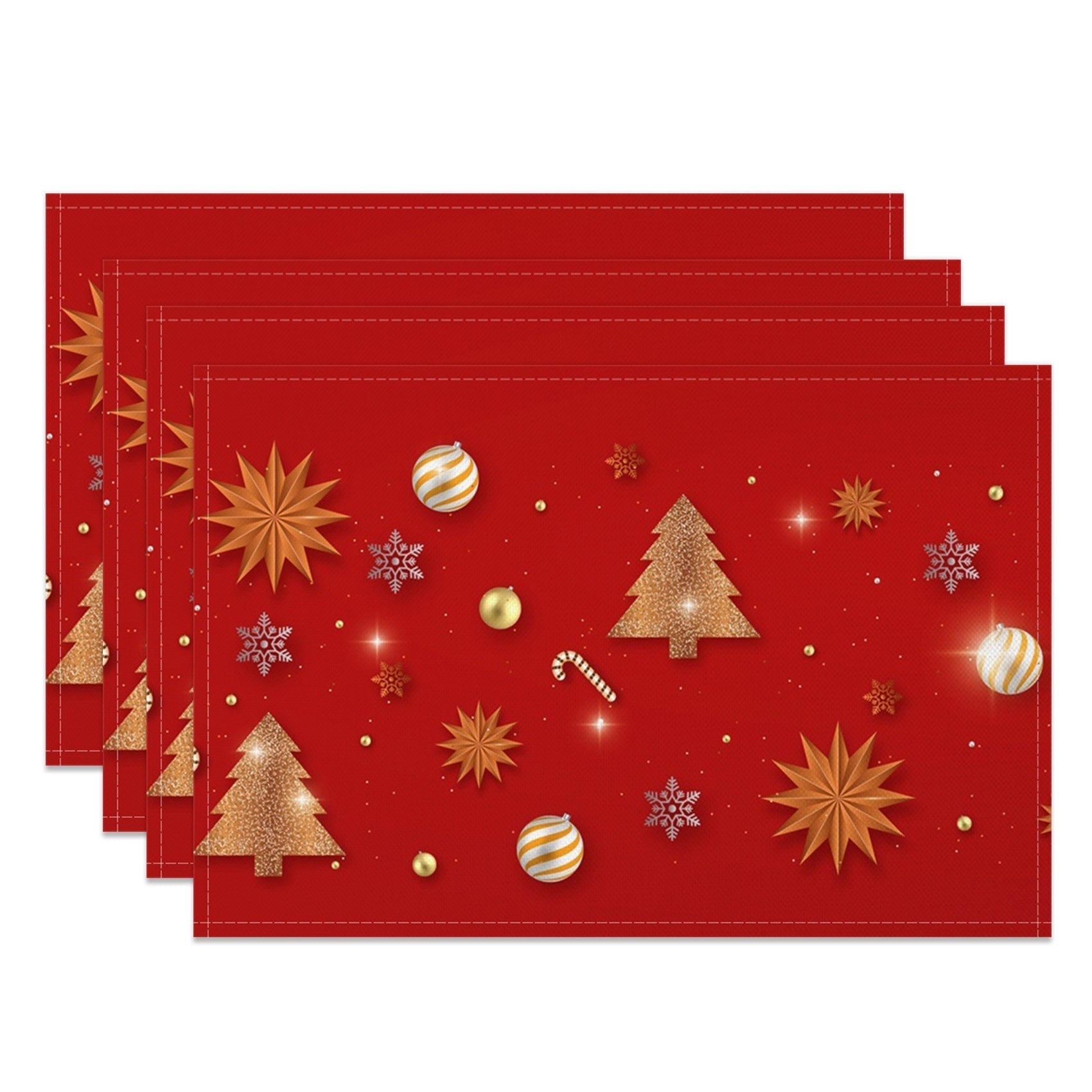 Aperturee - Aperturee Festive Red Gold Snowy Christmas Set Of 4 Placemats