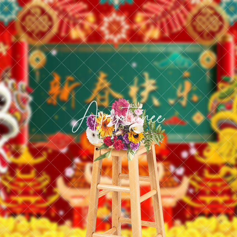 Aperturee - Aperturee Festive Red Palace Lion Dance Happy New Year Backdrop