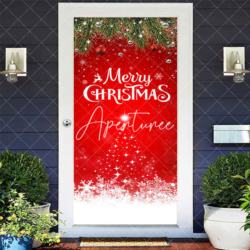 Aperturee - Aperturee Festive Red Snowy Leaves Merry Christmas Door Cover