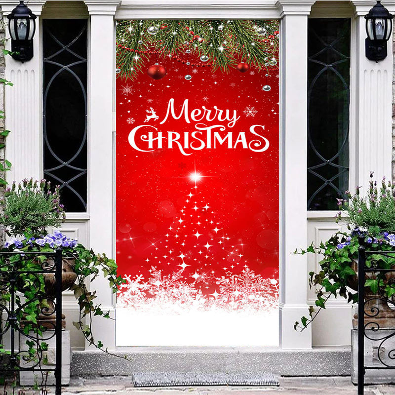 Aperturee - Aperturee Festive Red Snowy Leaves Merry Christmas Door Cover