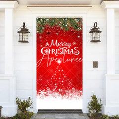 Aperturee - Aperturee Festive Red Snowy Leaves Merry Christmas Door Cover