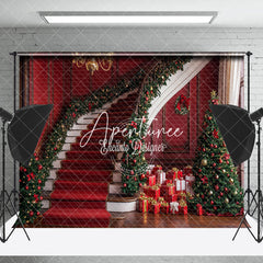 Aperturee - Aperturee Festive Red Stairs Gifts Trees Christmas Backdrop