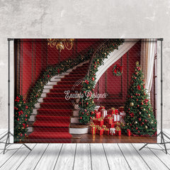 Aperturee - Aperturee Festive Red Stairs Gifts Trees Christmas Backdrop