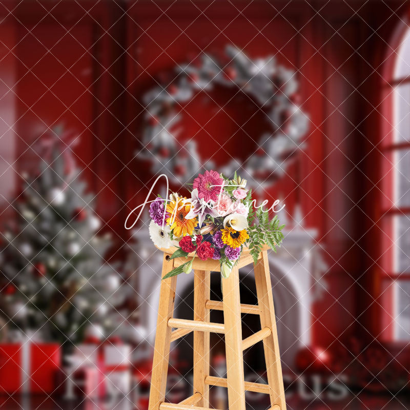 Aperturee - Aperturee Festive Red Window Wreath Christmas Vibe Backdrop