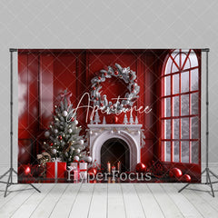 Aperturee - Aperturee Festive Red Window Wreath Christmas Vibe Backdrop