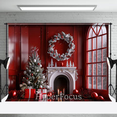 Aperturee - Aperturee Festive Red Window Wreath Christmas Vibe Backdrop