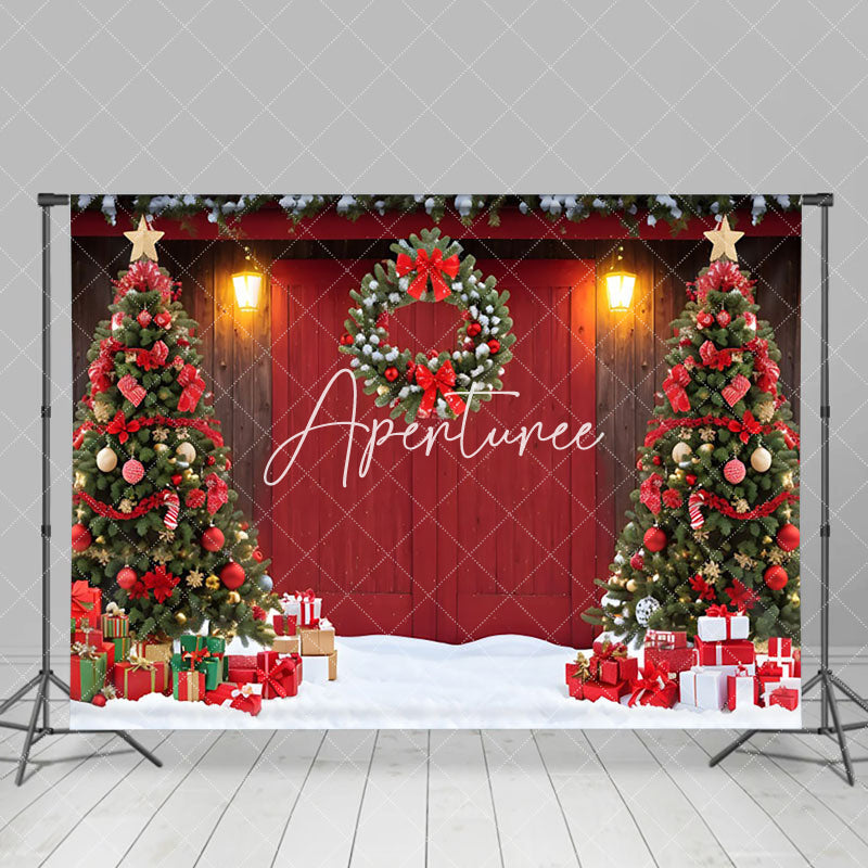 Aperturee - Aperturee Festive Red Wooden Door Christmas Trees Backdrop