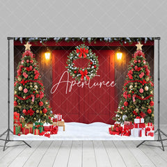 Aperturee - Aperturee Festive Red Wooden Door Christmas Trees Backdrop