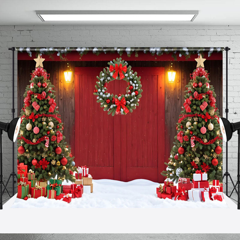 Aperturee - Aperturee Festive Red Wooden Door Christmas Trees Backdrop