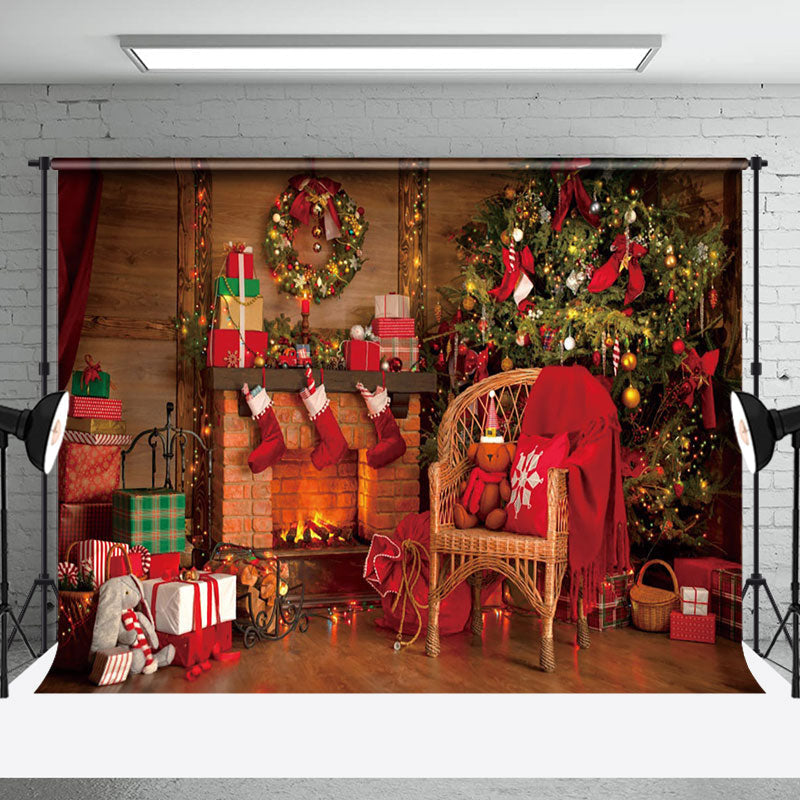 Aperturee - Aperturee Festive Red Wooden Room Fireplace Christmas Backdrop