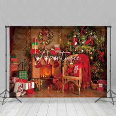 Aperturee - Aperturee Festive Red Wooden Room Fireplace Christmas Backdrop