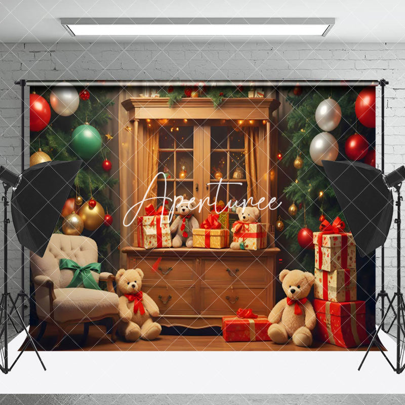 Aperturee - Aperturee Festive Room Bears Sofa Xmas Tree Christmas Backdrop