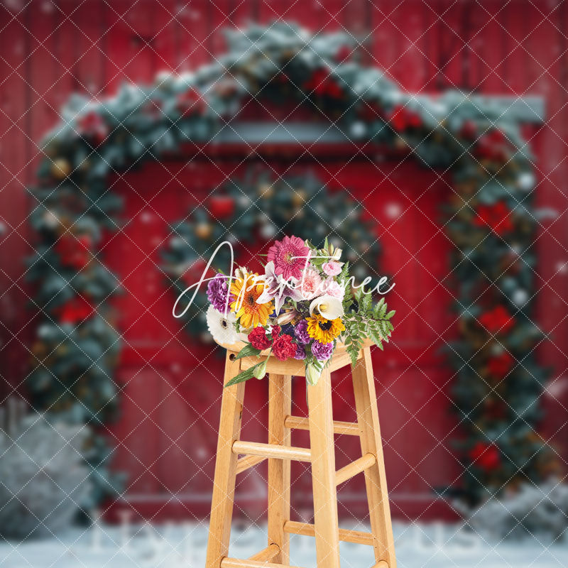 Aperturee - Aperturee Festive Snowy Christmas Red Barn Door Photo Backdrop