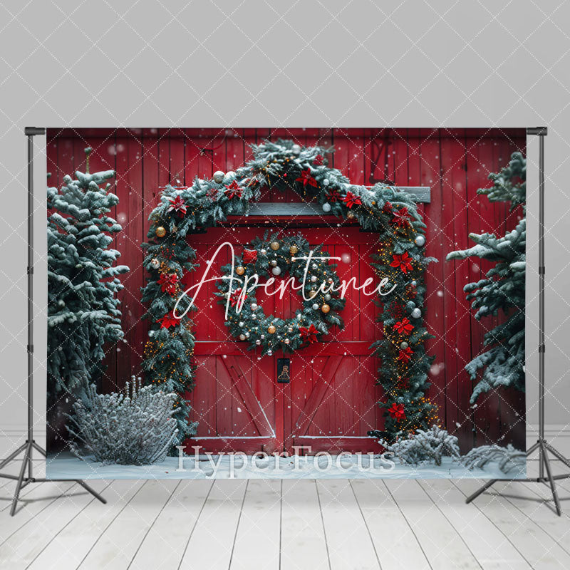 Aperturee - Aperturee Festive Snowy Christmas Red Barn Door Photo Backdrop