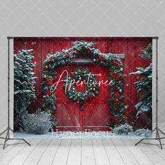 Aperturee - Aperturee Festive Snowy Christmas Red Barn Door Photo Backdrop