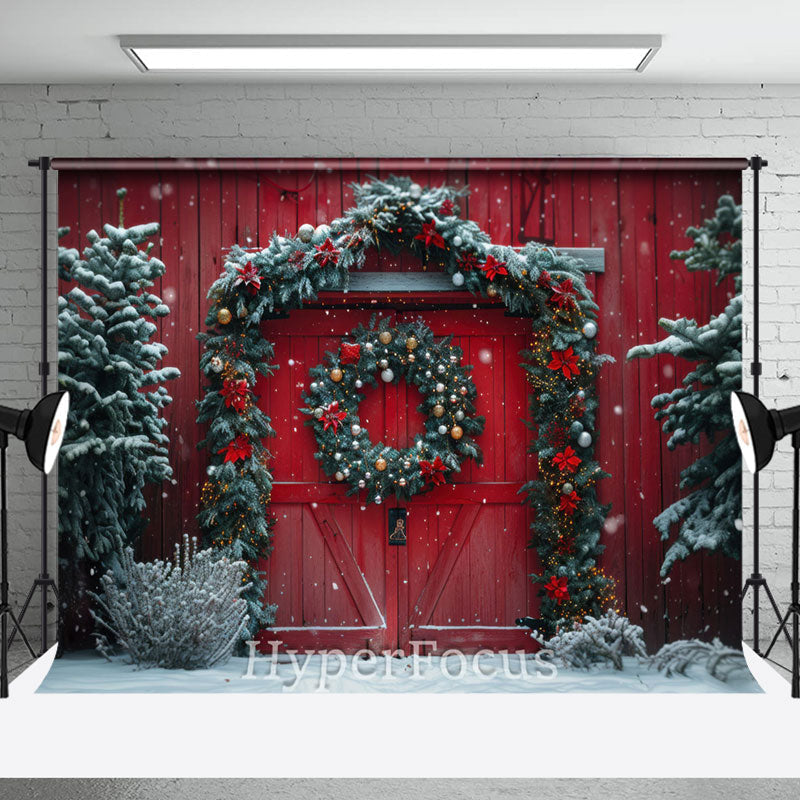 Aperturee - Aperturee Festive Snowy Christmas Red Barn Door Photo Backdrop