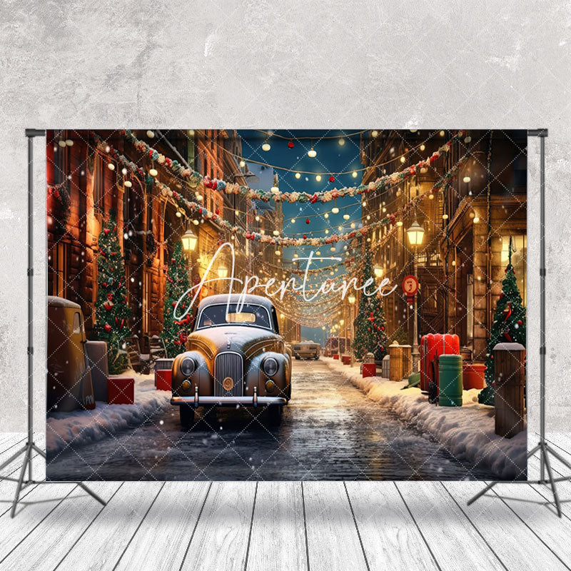 Aperturee - Aperturee Festive Snowy Town Street Lights Christmas Backdrop