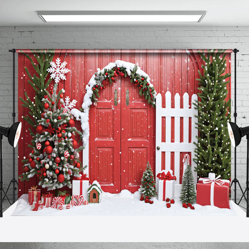 Aperturee - Aperturee Festive Tree Red Wood Door Fence Christmas Backdrop