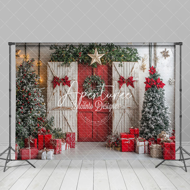 Aperturee - Aperturee Festive White Red Wood Door Christmas Vibe Backdrop