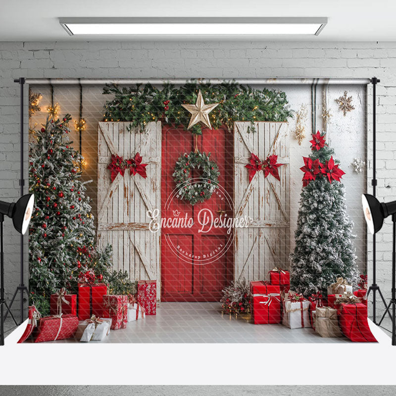 Aperturee - Aperturee Festive White Red Wood Door Christmas Vibe Backdrop