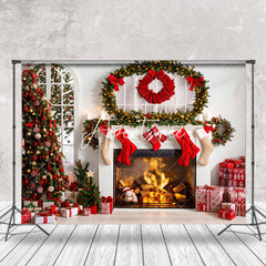 Aperturee - Aperturee Festive White Room Fireplace Tree Christmas Backdrop